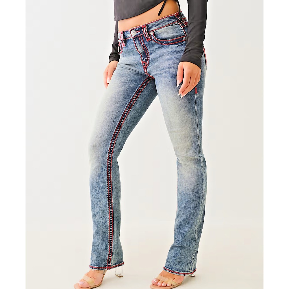 TRUE RELIGION Women's Billie Super T Mid Rise Straight Flap Denim Jeans Size 29